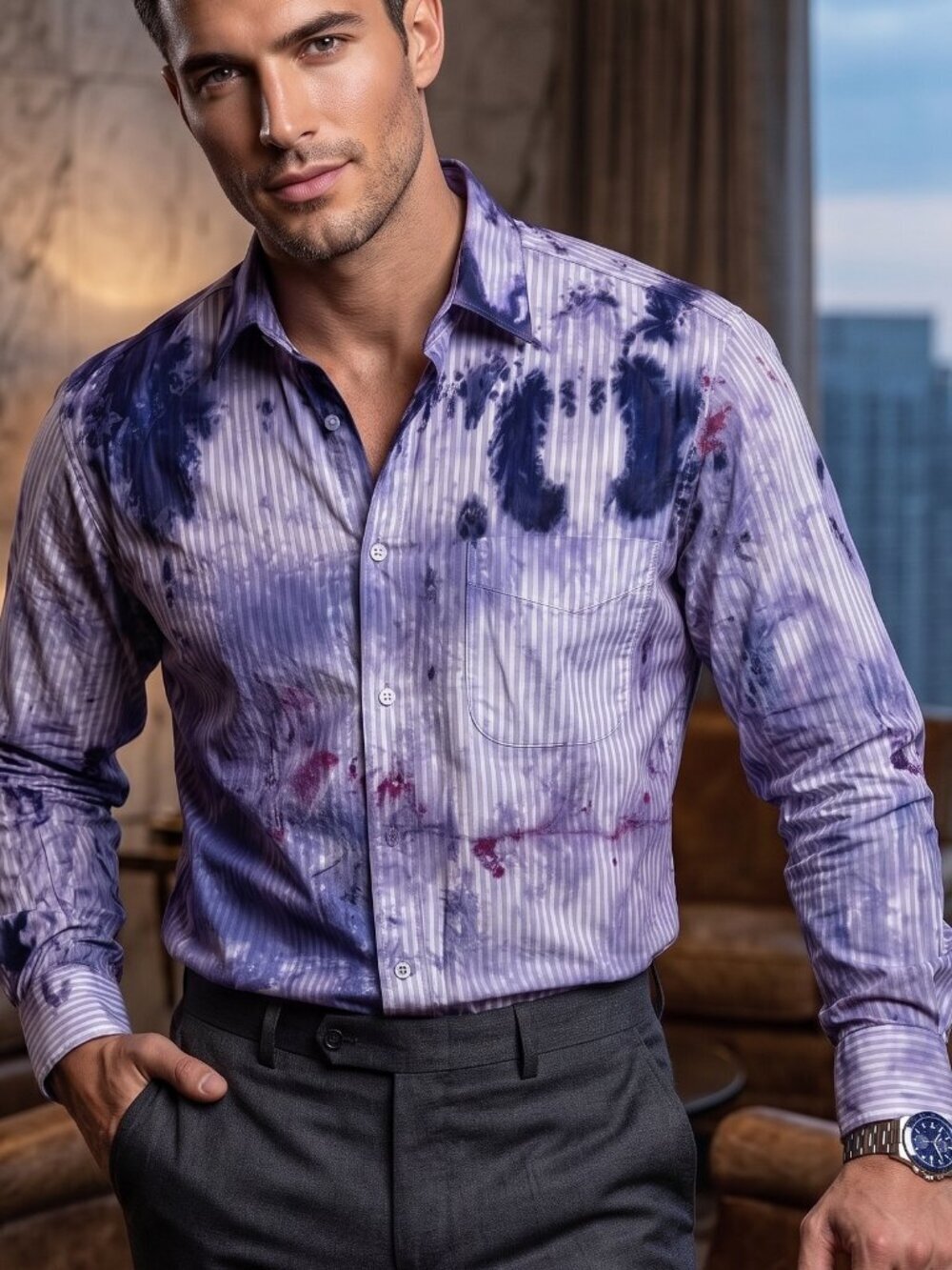 Ike Behar Royal Blue Tie Dye Size 16 Dress Shirt Oxford Dyed Designer Abstract